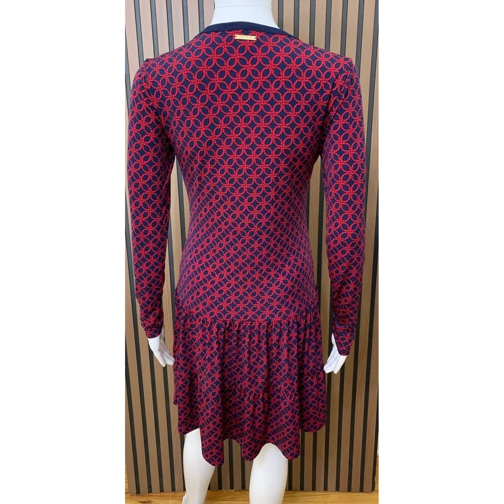 Michael Kors Navy Red Rope Link Print Tiered Ruffle Long Sleeve Dress XS